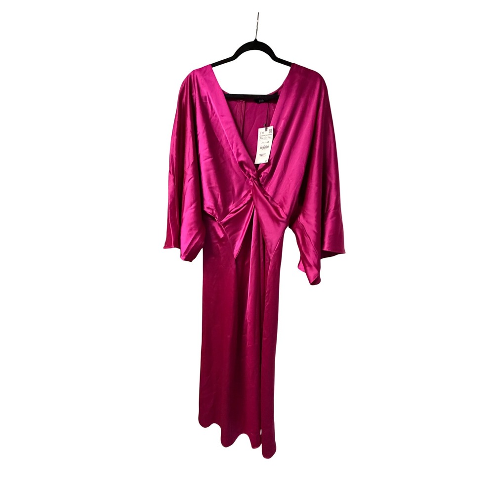 Zara Fuchsia Pink Satin Midi Dress V-Neck Knot Front Kimono Sleeve XL NWT